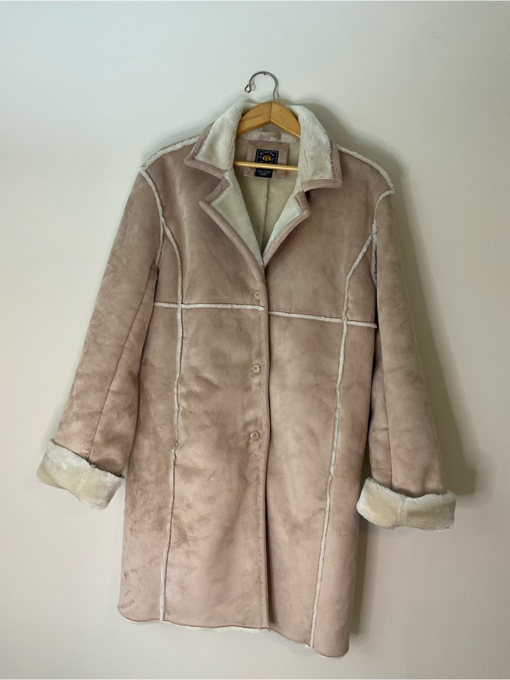 Penny lane Route 66 Women's Plush Faux-Shearling Teddy Coat Taupe Cream Trim